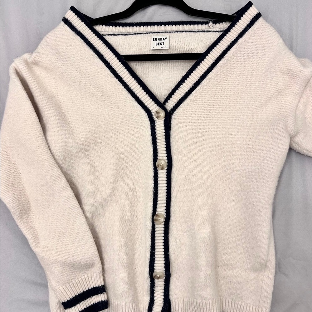 Sunday Best Women's White Cardigan with Black Trim SOLD